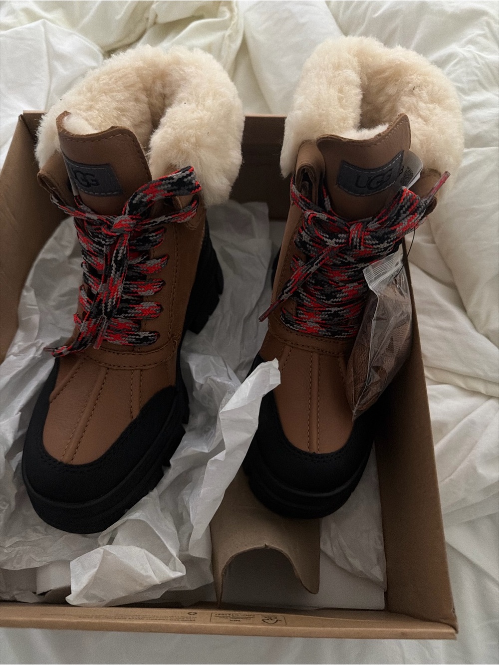 UGG Brown and Black Shearling-Lined Lace-Up Winter Boots